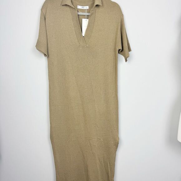 MNG | NEW Linen Blend Tan Knit Midi Dress Short Sleeve Women’s Size 2 - Picture 1 of 9